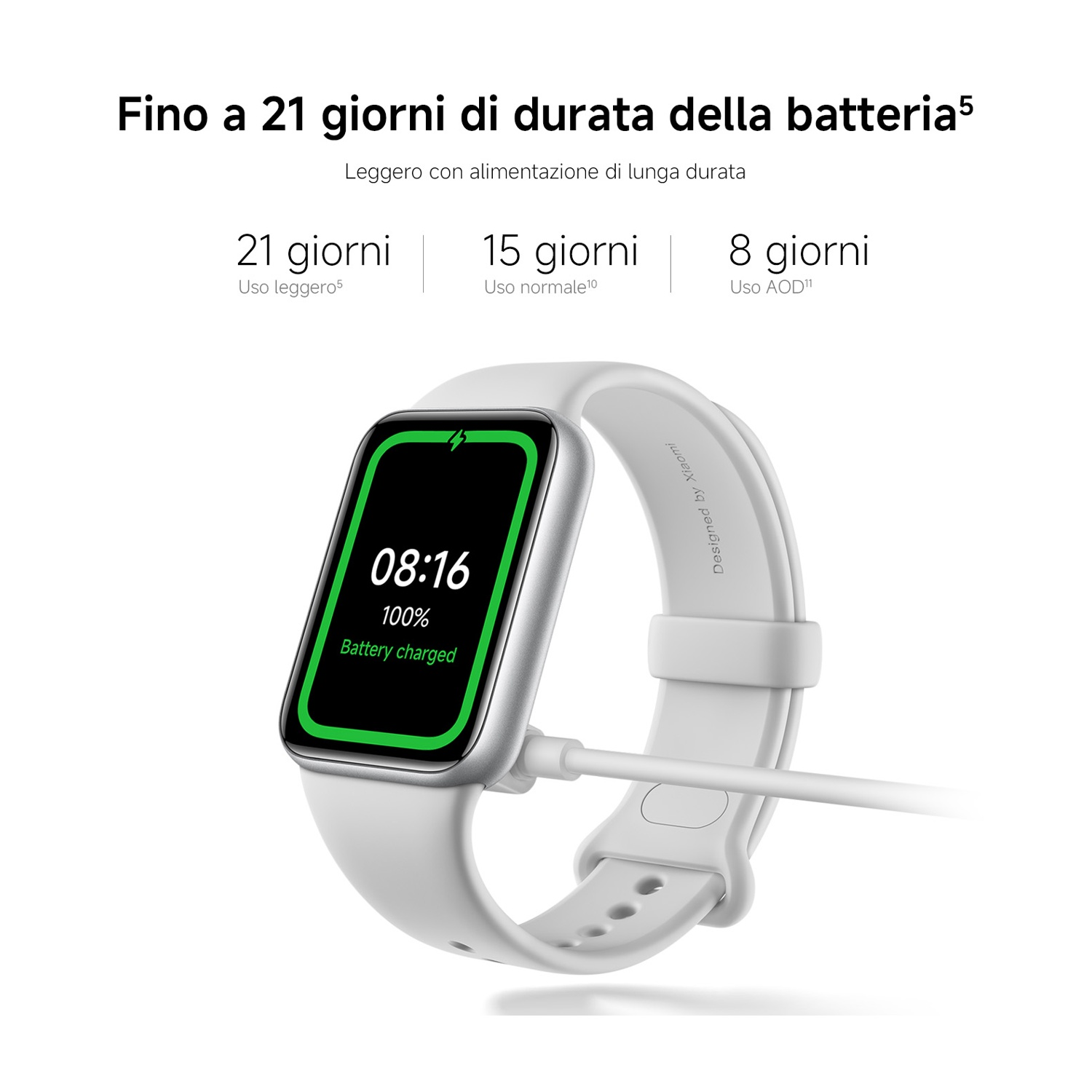 Smartwatch bianca con indicatore di carica e durata batteria.