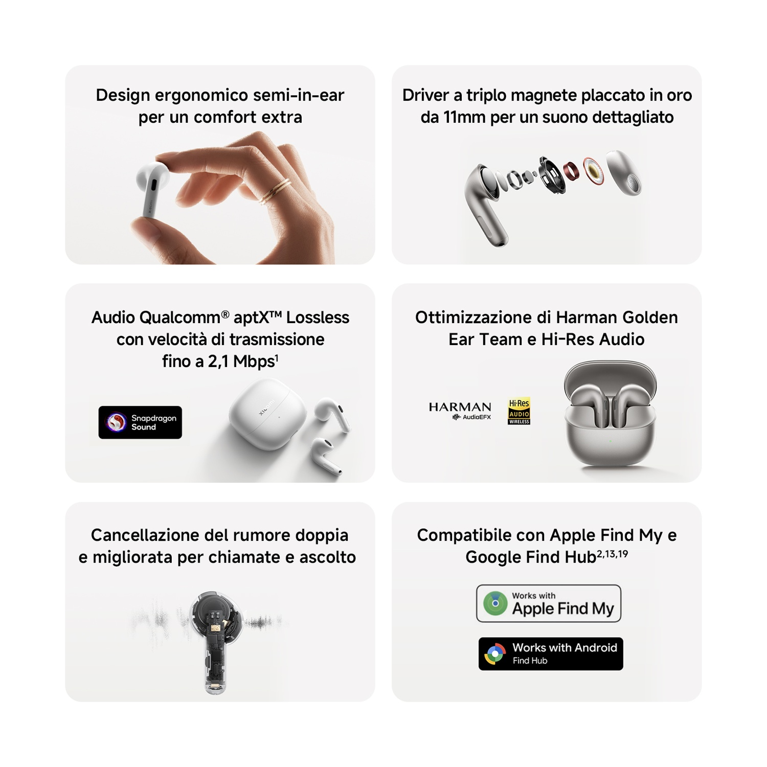 Auricolari Xiaomi: design ergonomico, driver 11mm, Qualcomm aptX Lossless, audio Harman, cancellazione rumore, Find My & Find Hub.