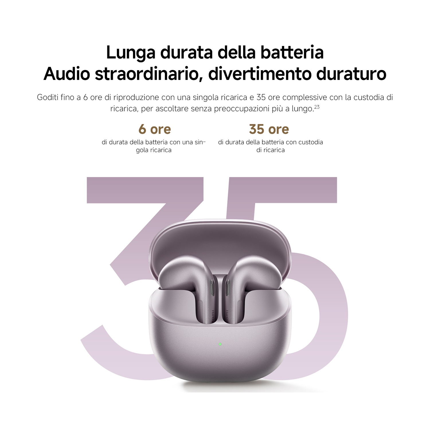 Auricolari viola in custodia di ricarica con testo per 6/35 ore di batteria.