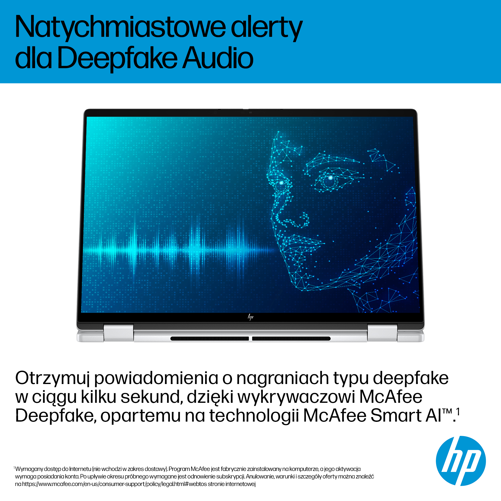Laptop z grafiką twarzy i fali dźwiękowej na ekranie.