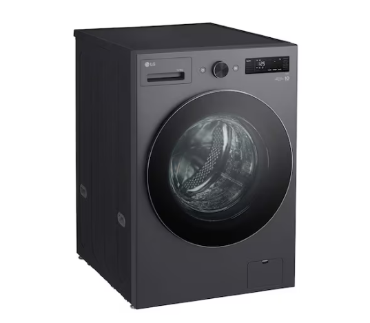 Yuvarlak cam kapılı ve dijital ekranlı koyu gri LG çamaşır makinesi.