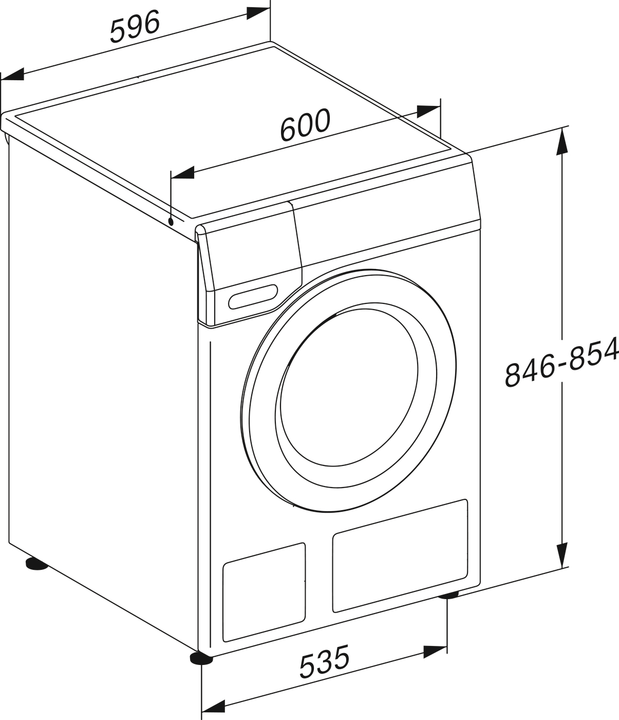 Technische Zeichnung einer Waschmaschine mit Maßen 596x600x846-854mm.