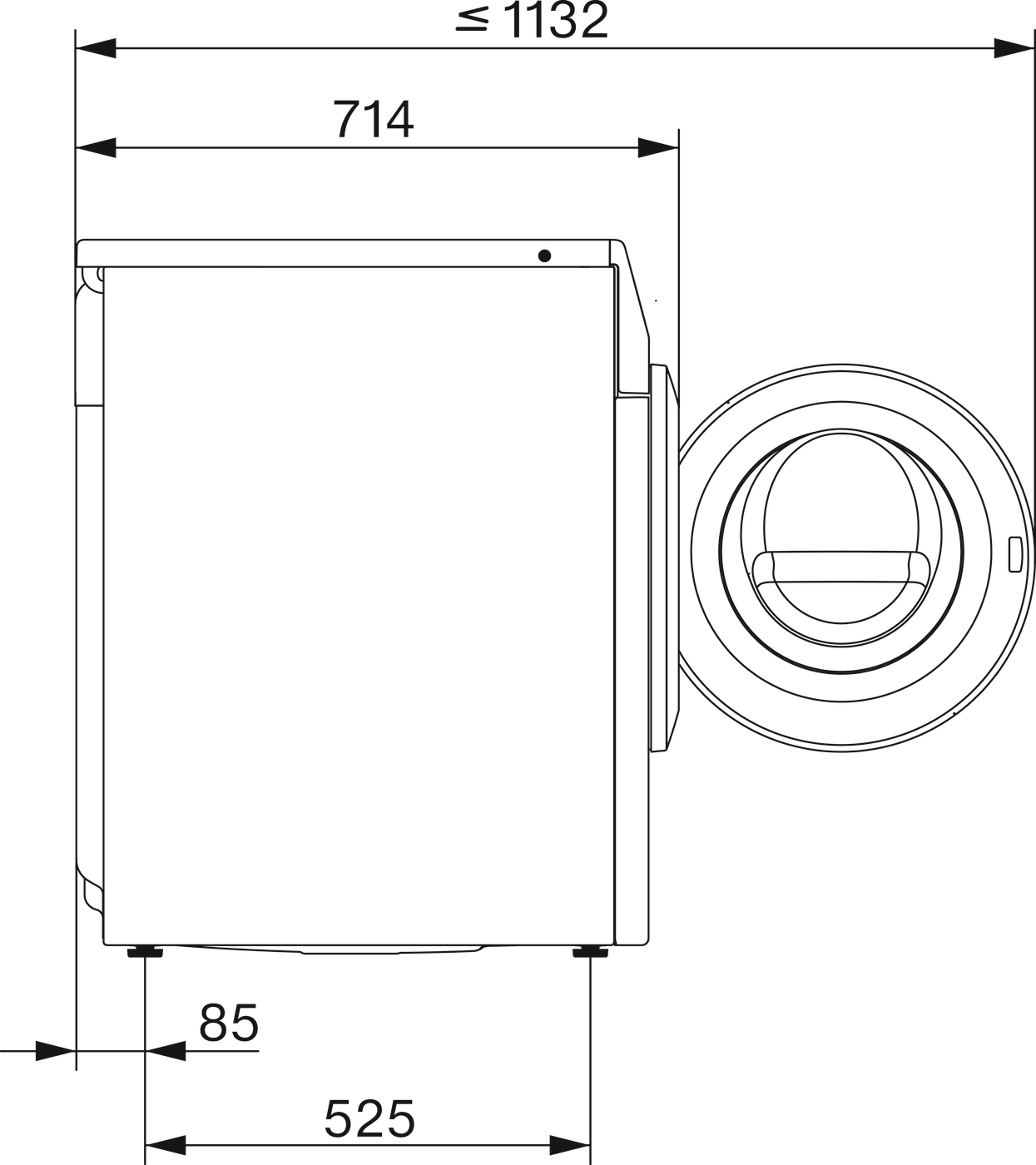 Technische Zeichnung einer Waschmaschine mit Maßen.