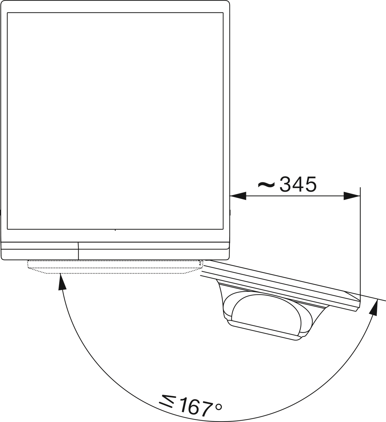 Technische Zeichnung mit Maßen ~345 und ≤ 167°.