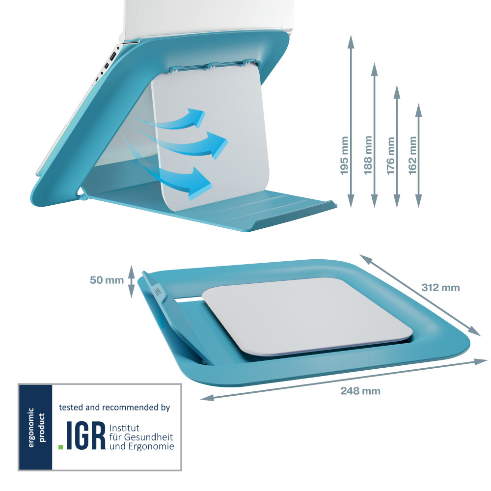Kék laptop állvány légáram nyilakkal és méretekkel. IGR által tesztelve.