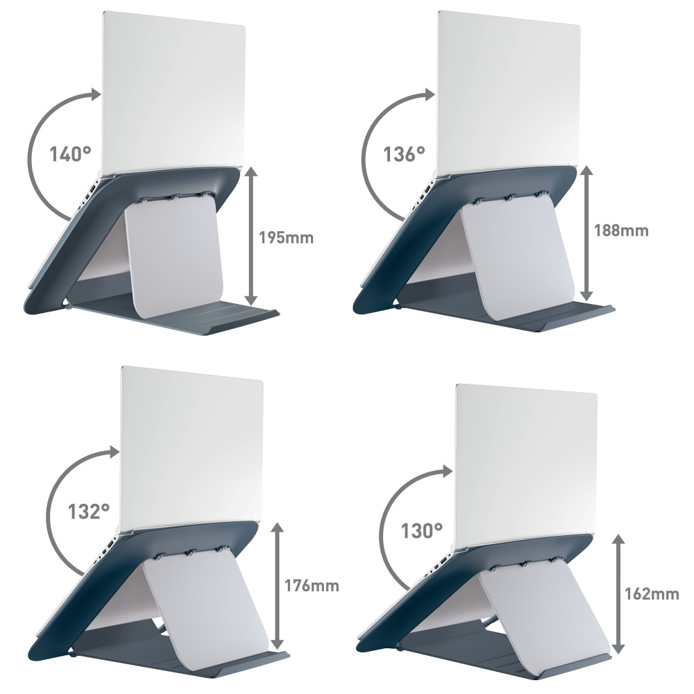 Négy laptopállvány különböző szögekben és magasságokban.