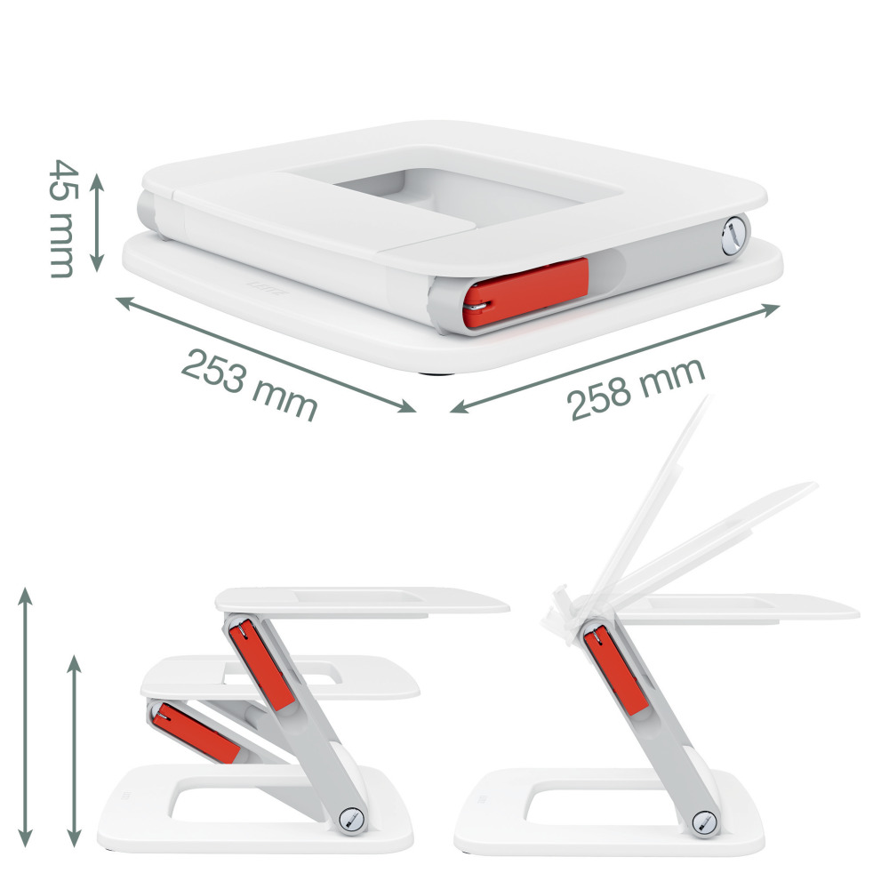 Fehér, összecsukható laptopállvány piros díszítéssel, méretekkel.