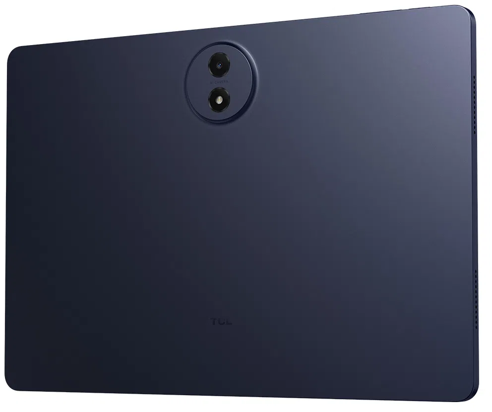 Sötétkék tablet hátoldala két kamerával és TCL logóval.