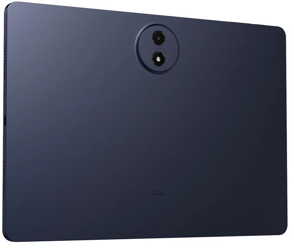 Sötétkék tablet dupla kamerával és TCL logóval a hátoldalon.