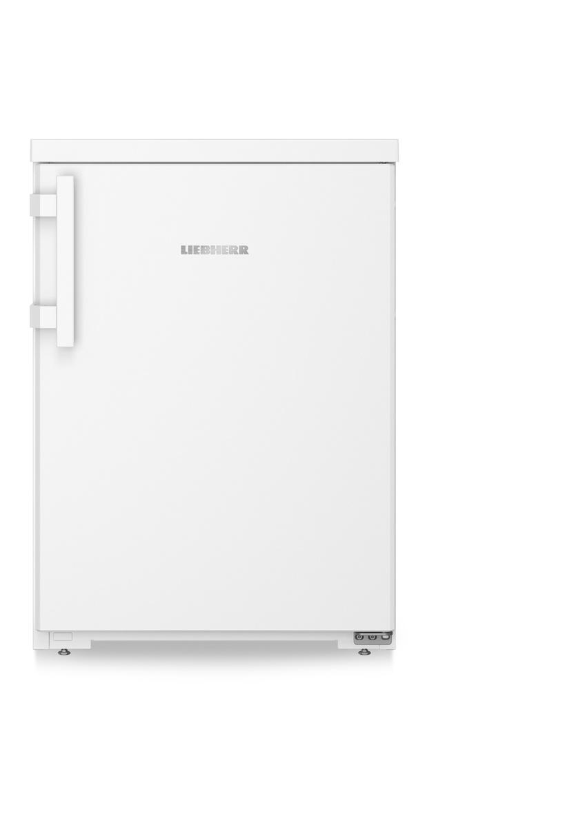 Ein weißer Liebherr-Kühlschrank mit Griff und Logo auf weißem Hintergrund.