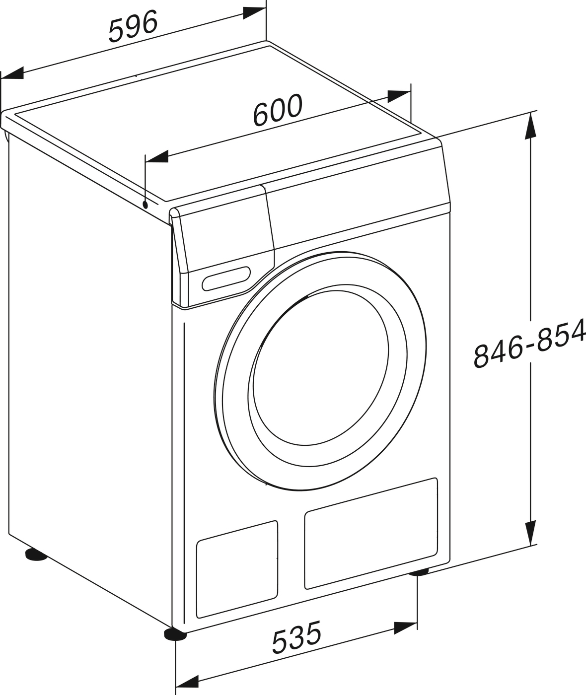 Technische Zeichnung einer Waschmaschine mit Maßen.