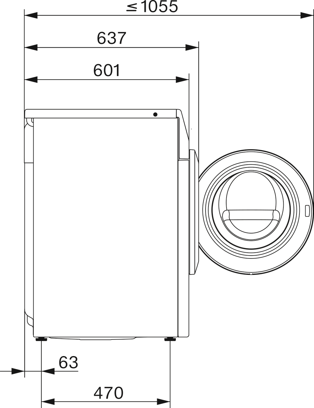 Technische Zeichnung einer Waschmaschine mit Maßen.