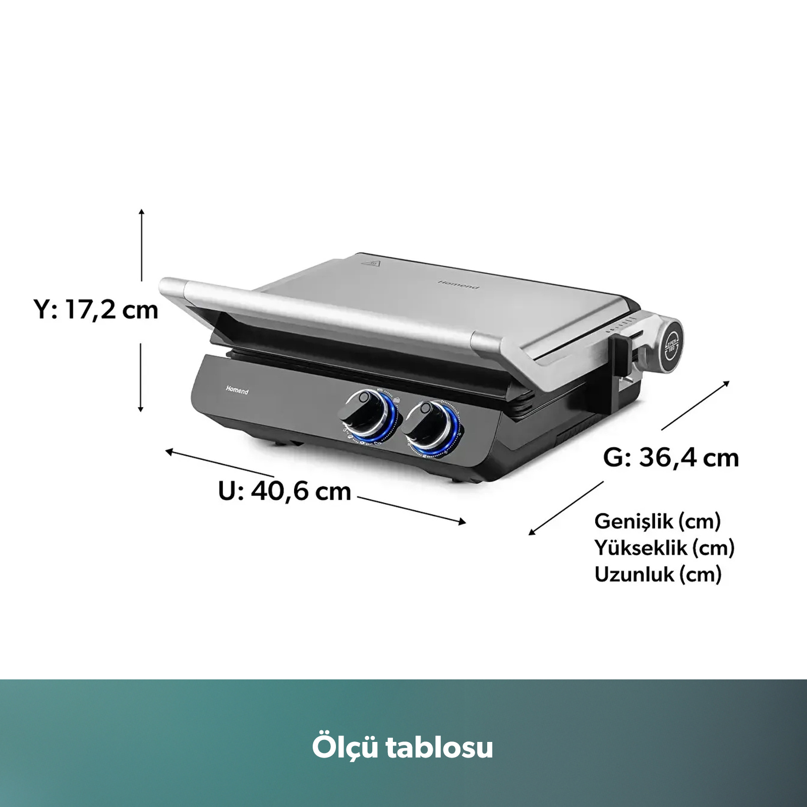 Gümüş ve siyah kontaktlı ızgara boyutları: Yükseklik 17,2 cm, Genişlik 36,4 cm, Uzunluk 40,6 cm.