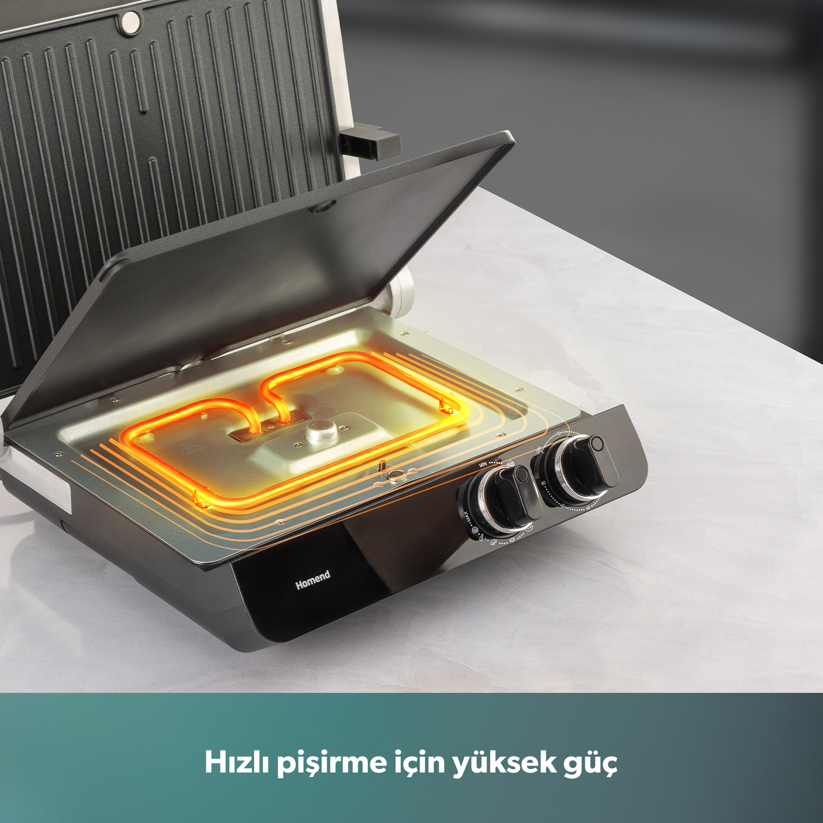 Açık siyah kontaktlı ızgara, parlak ısıtma elemanları ve iki kontrol düğmesi.