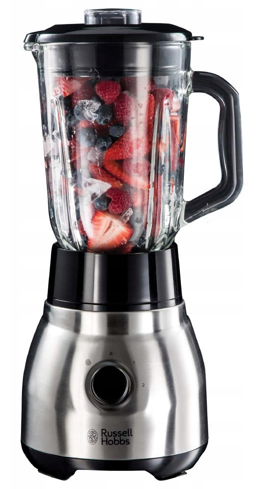 Blender wypełniony owocami ze stalową podstawą.