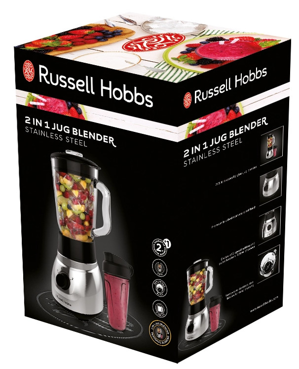Pudełko blendera Russell Hobbs 2 w 1 ze stali nierdzewnej z owocami.