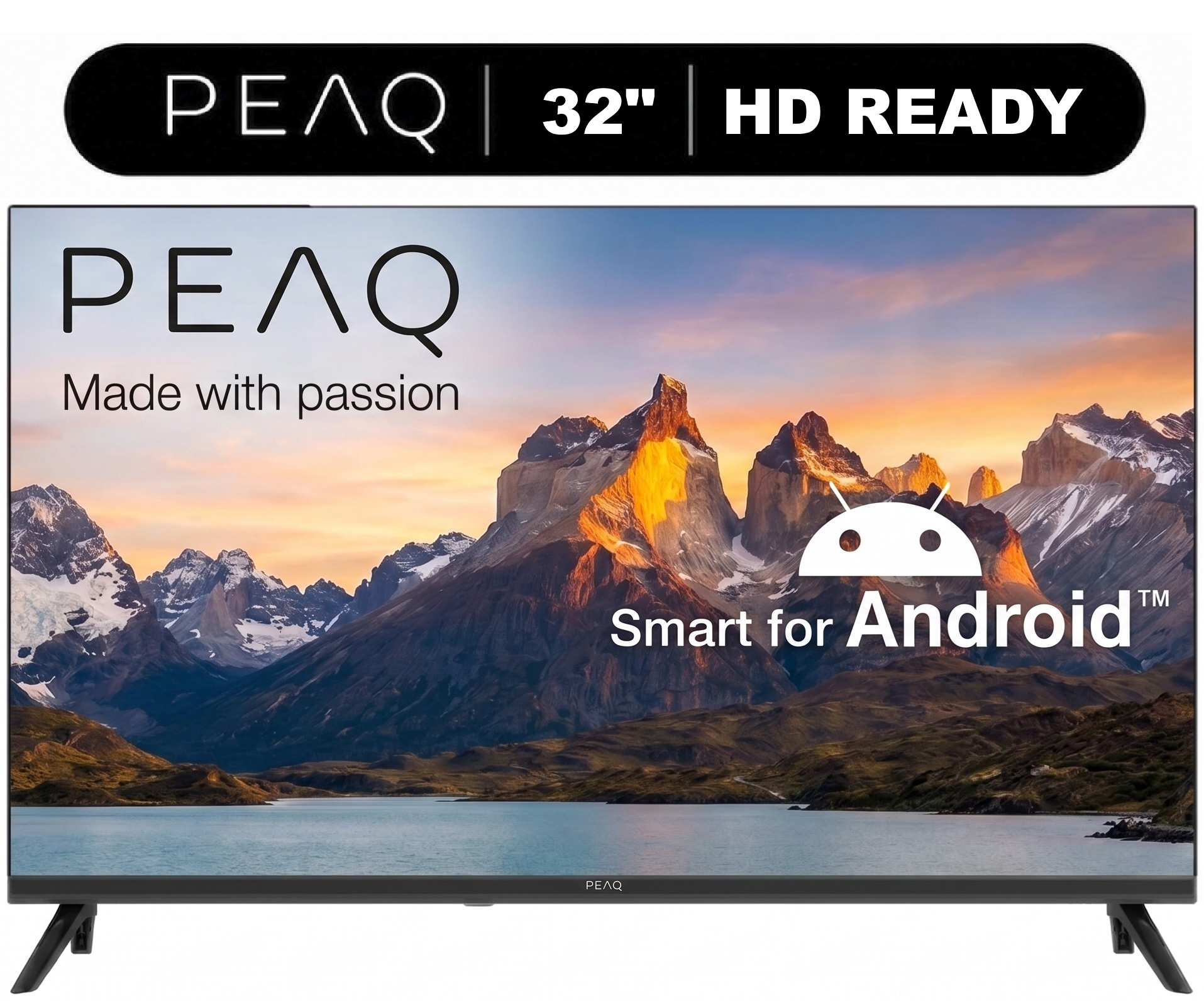 Android'li PEAQ 32" HD Ready TV. Dağ manzarası ve göl gösteriliyor.