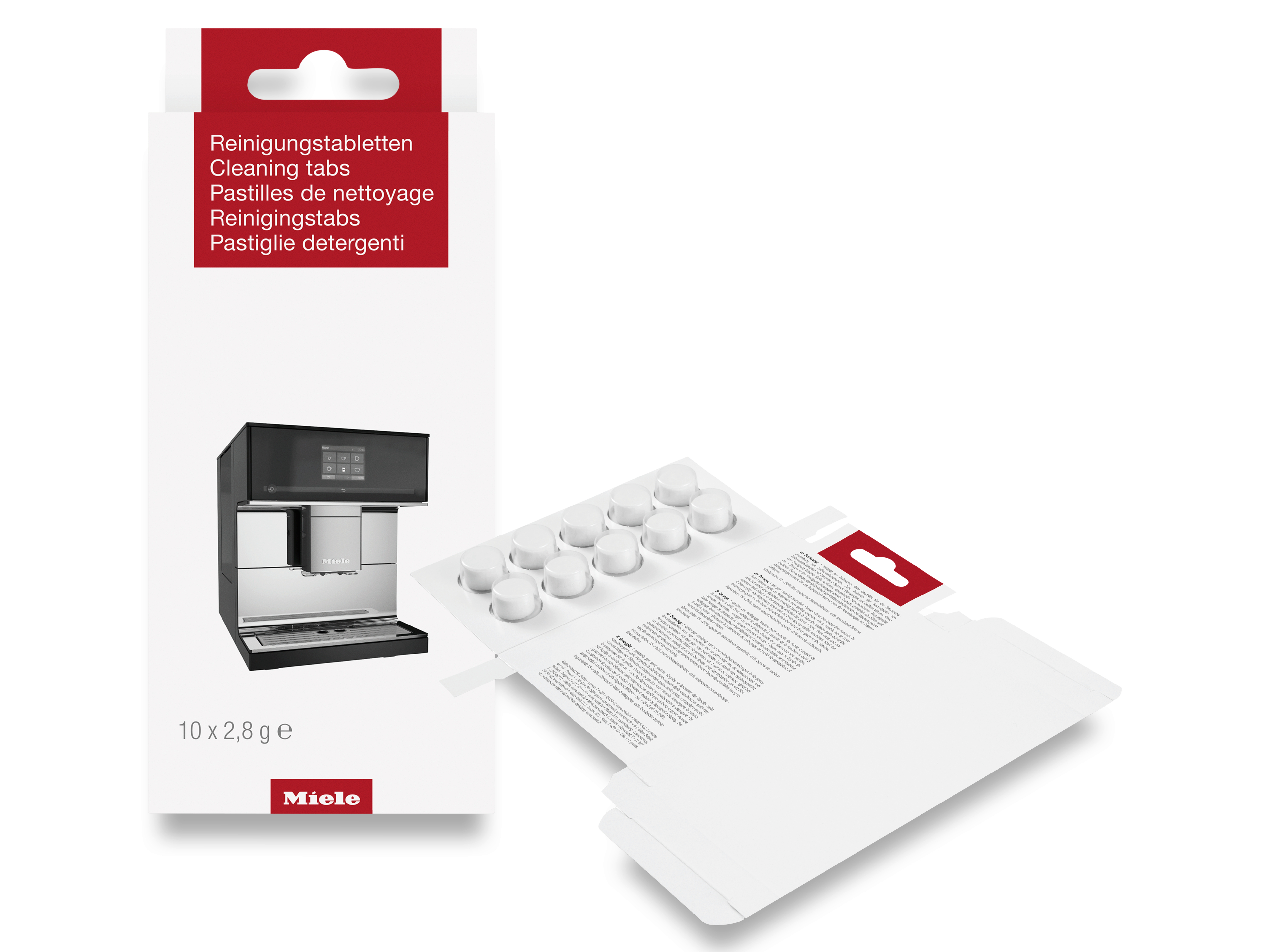 Miele Kaffeemaschine mit Reinigungstabletten-Verpackung. Mehrsprachige Beschriftung.