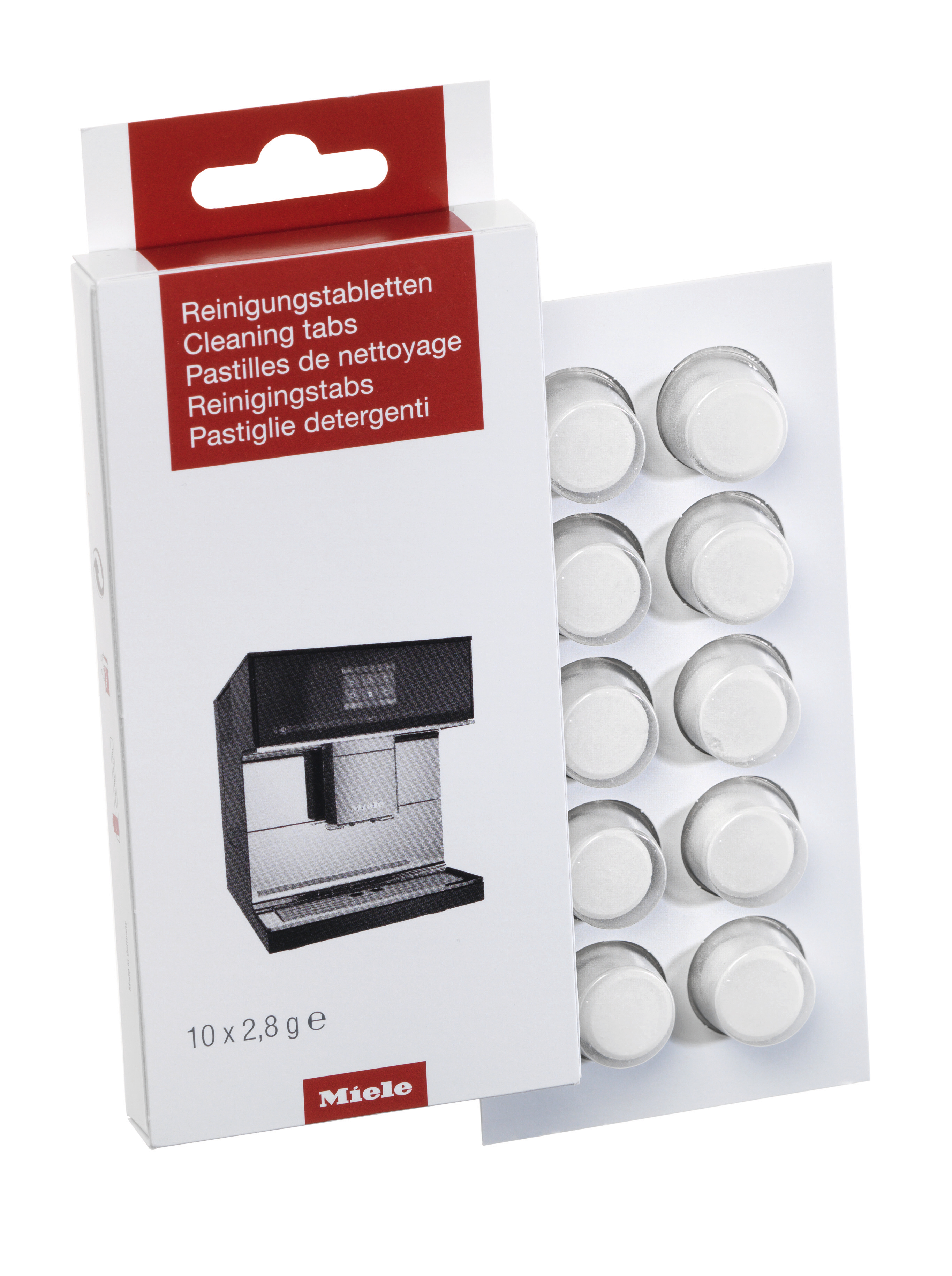 Verpackung mit Reinigungstabletten für Kaffeemaschinen und einer Abbildung einer Kaffeemaschine.