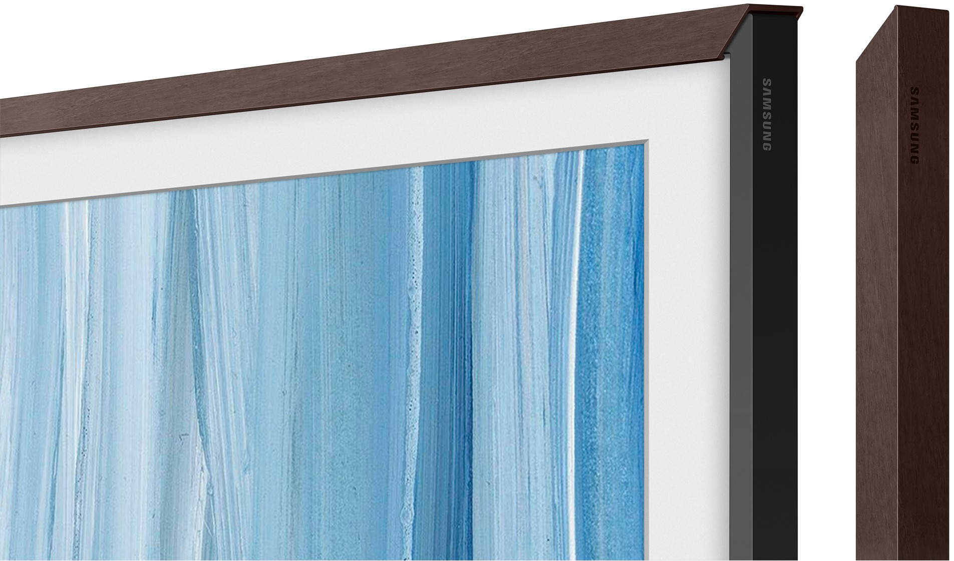 Ein Fernseher mit braunem Rahmen und blauer abstrakter Kunst. Samsung-Logo sichtbar.