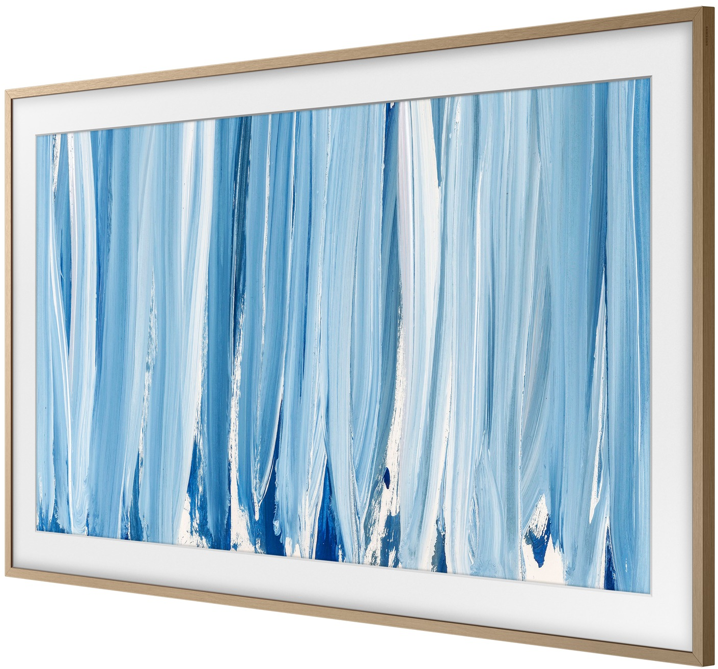 Ein moderner Bilderrahmen mit abstrakter Kunst in Blau- und Weißtönen.