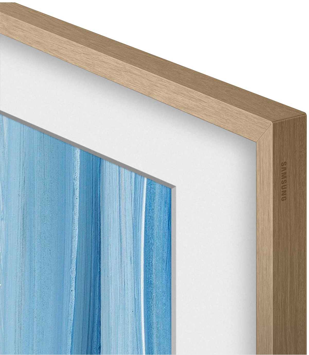 Ein Samsung-Fernseher mit Holzrahmen zeigt ein abstraktes Bild mit blauen Strichen.