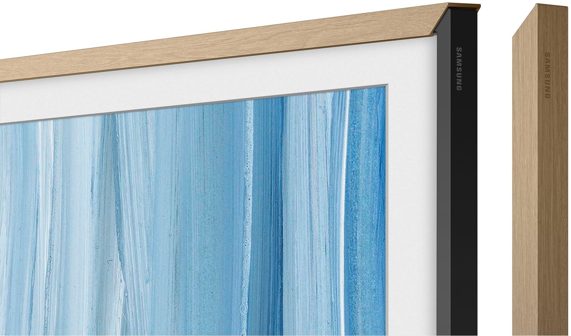 Ein moderner Fernseher mit Holzrahmen und einem abstrakten blauen Bild.