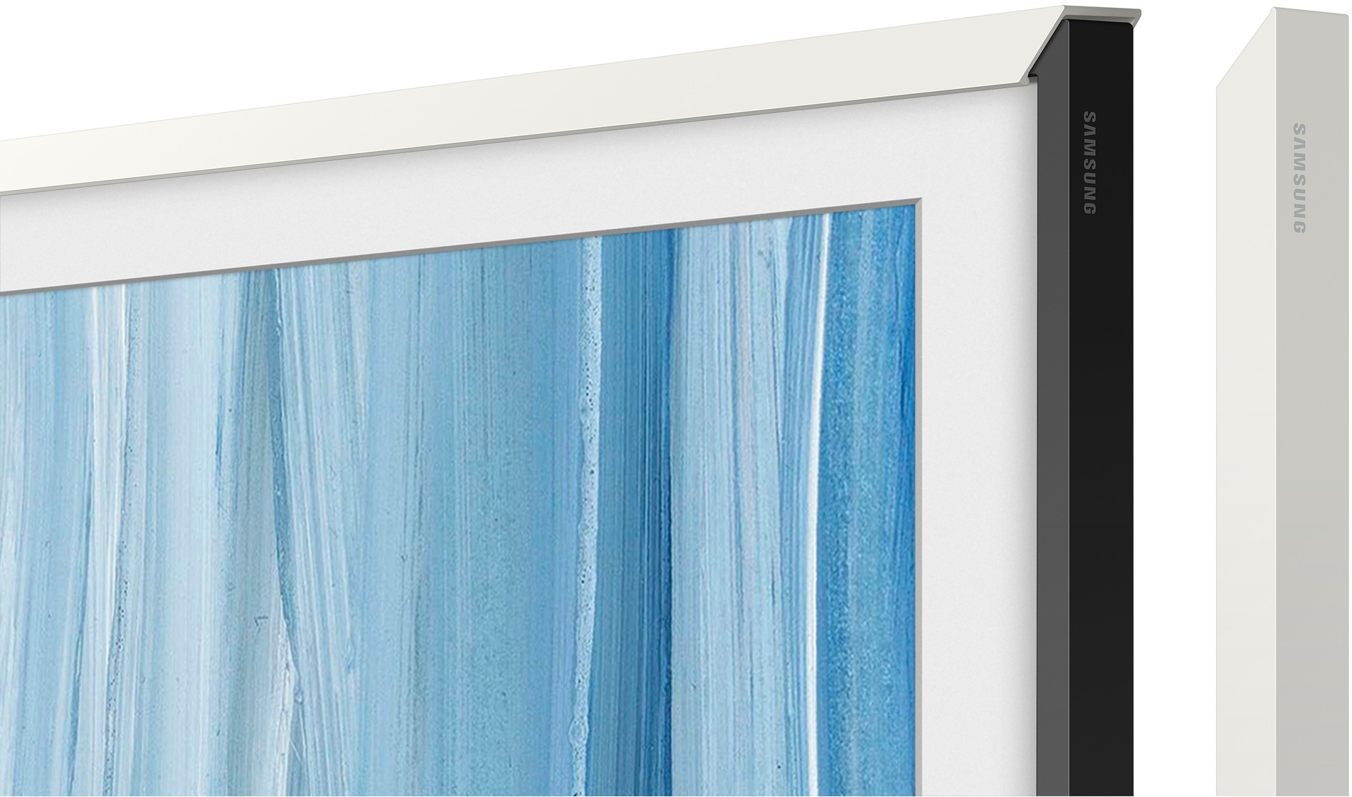 Ein Samsung TV mit einem blauen und weißen abstrakten Kunstbild.