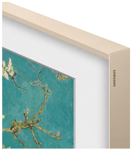 Ein Samsung Bildschirm zeigt Van Goghs Mandelblüte mit einem beigen Rahmen.