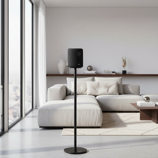 Une enceinte noire sur pied dans un salon moderne avec canapé et grandes fenêtres.