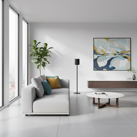 Un salon lumineux avec un canapé blanc, une table basse et une œuvre d'art.