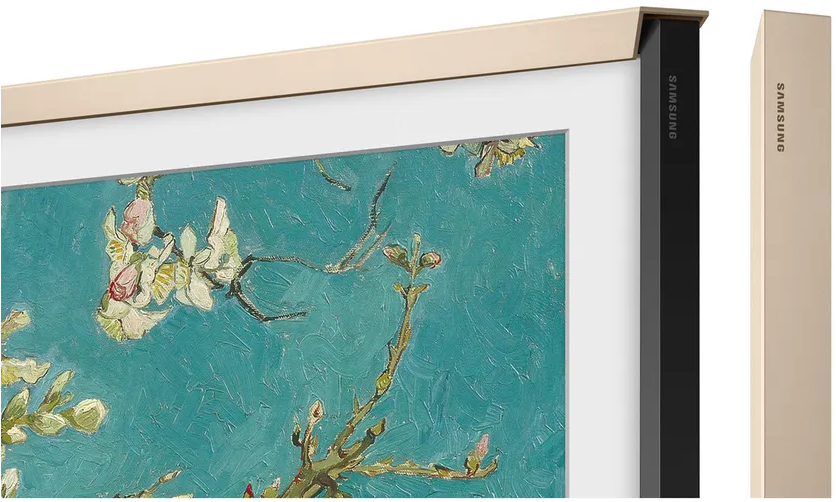 Ein Samsung TV mit Van Goghs Mandelblüten-Gemälde und einem beigefarbenen Rahmen.