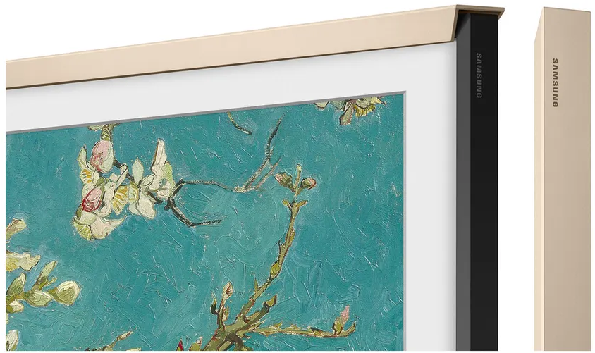 Ein Fernsehbildschirm zeigt Van Goghs Mandelblüten auf türkisblauem Grund.
