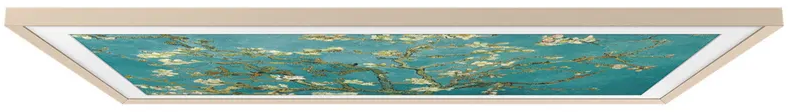 Ein gerahmtes Gemälde von Van Goghs Mandelblütenzweig auf türkisfarbenem Hintergrund.