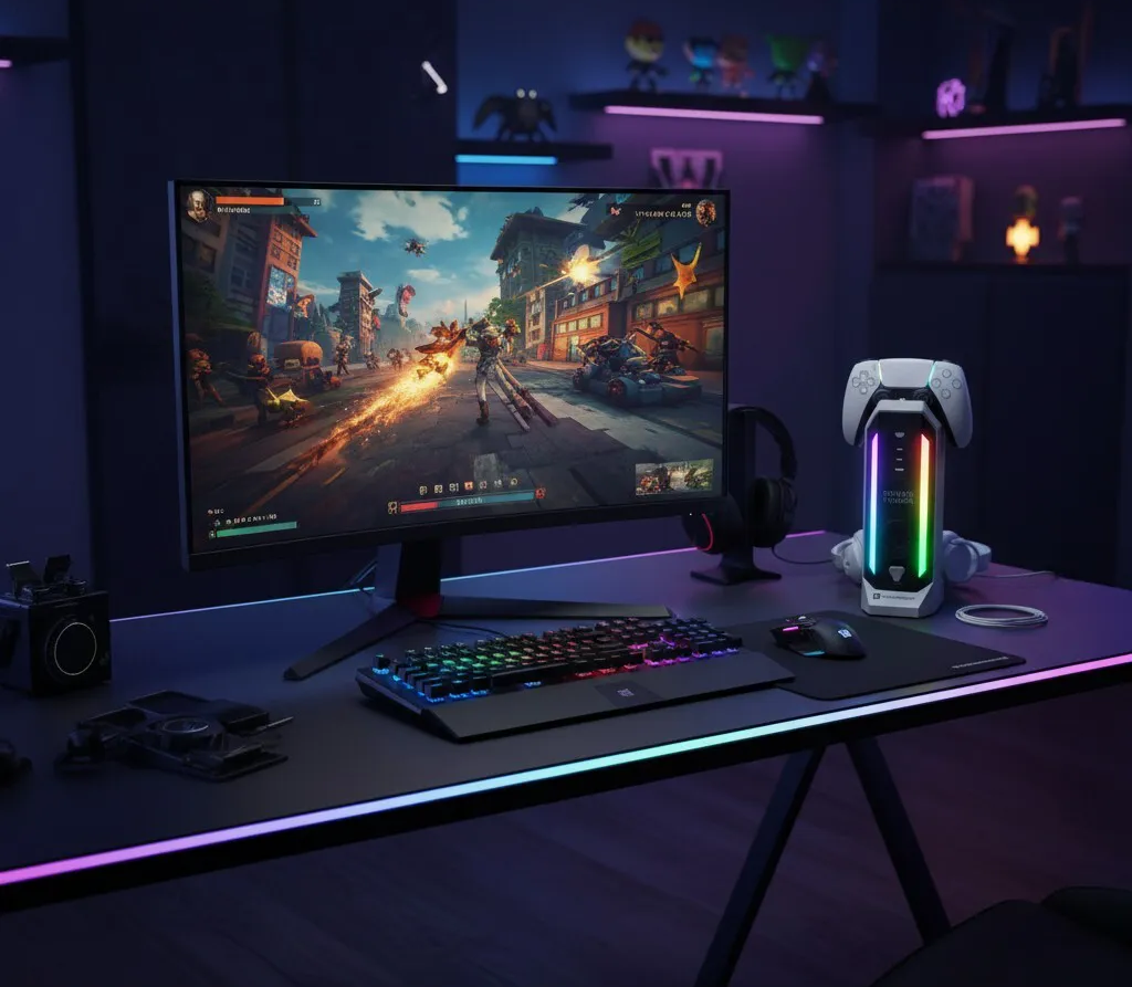 Ein Gaming-Setup mit RGB-Beleuchtung, Monitor, Tastatur, Maus und Controller-Ladestation.