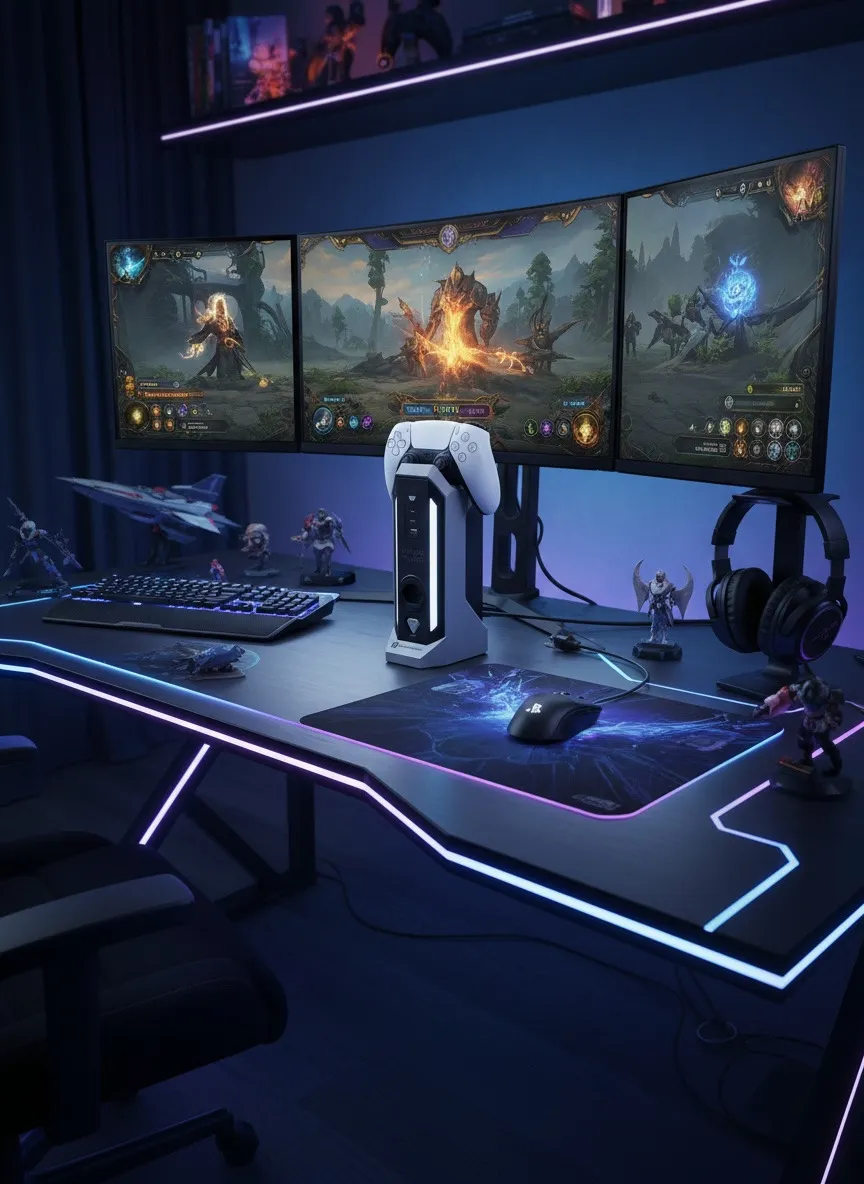 Ein dunkles Gaming-Setup mit drei Monitoren, Tastatur, Maus, Headset und Figuren.