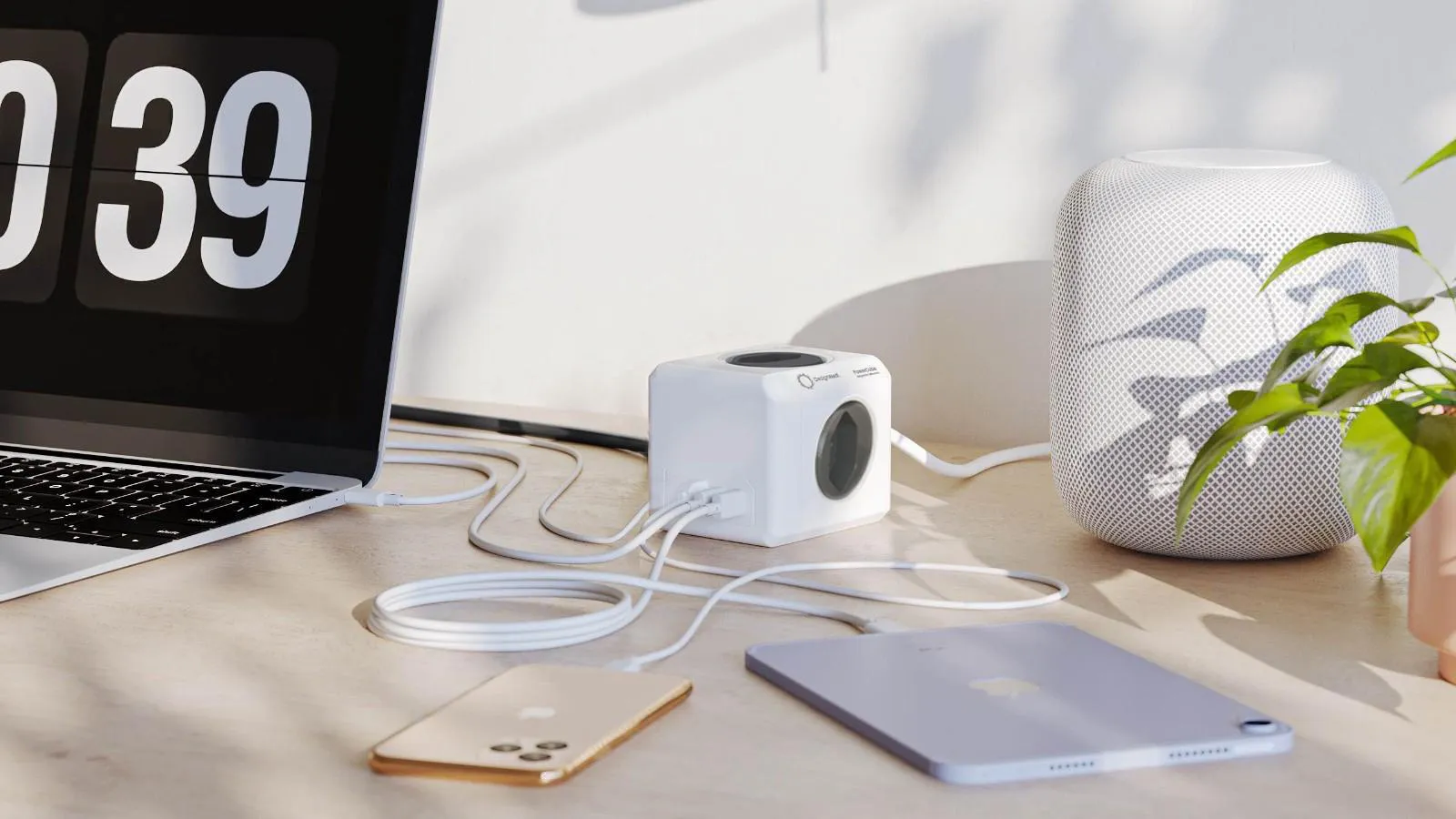 Ein weißer Power-Würfel lädt Laptop, Handy und Tablet auf einem Schreibtisch mit Smart Speaker.