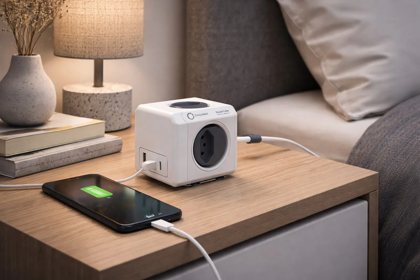 Ein weißer PowerCube mit einem Smartphone wird auf einem Nachttisch geladen.