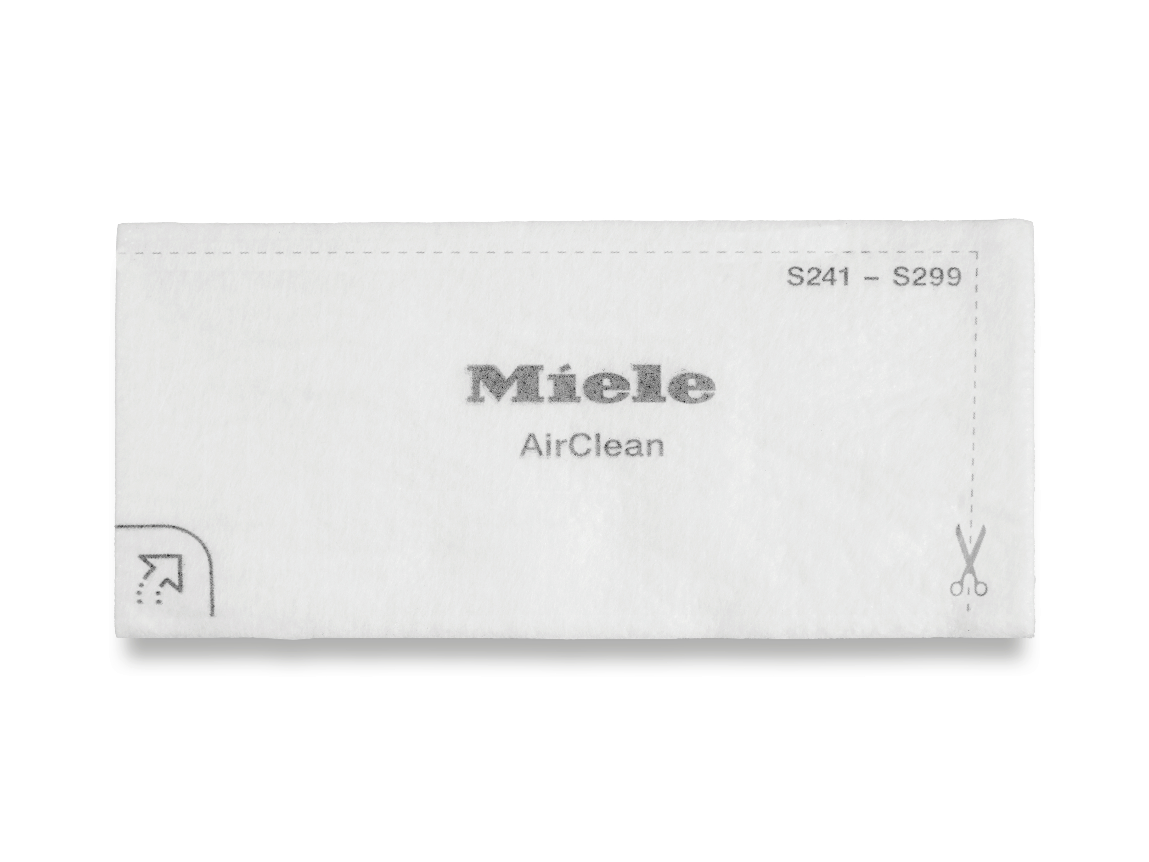 Miele AirClean Filter S241-S299 mit Pfeil und Schere Symbol.