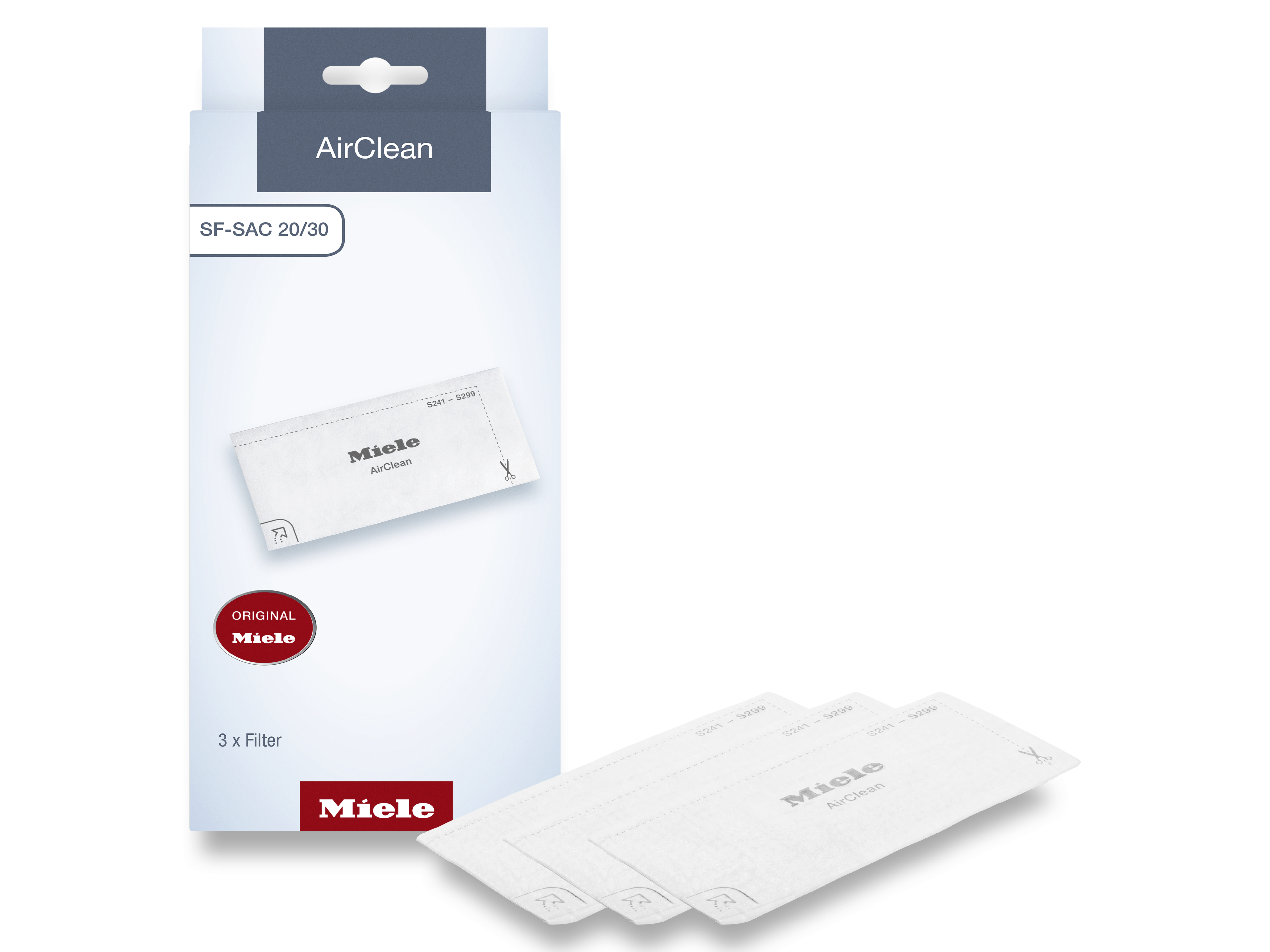 Verpackung für Miele AirClean SF-SAC 20/30 Filter mit drei weißen Filtern.