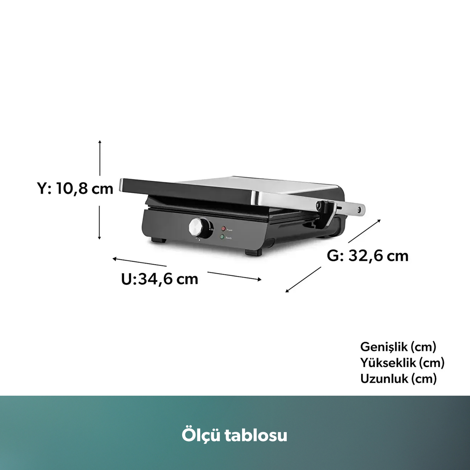 Siyah kontaktlı ızgara boyutları: Yükseklik 10,8 cm, Genişlik 32,6 cm, Uzunluk 34,6 cm.