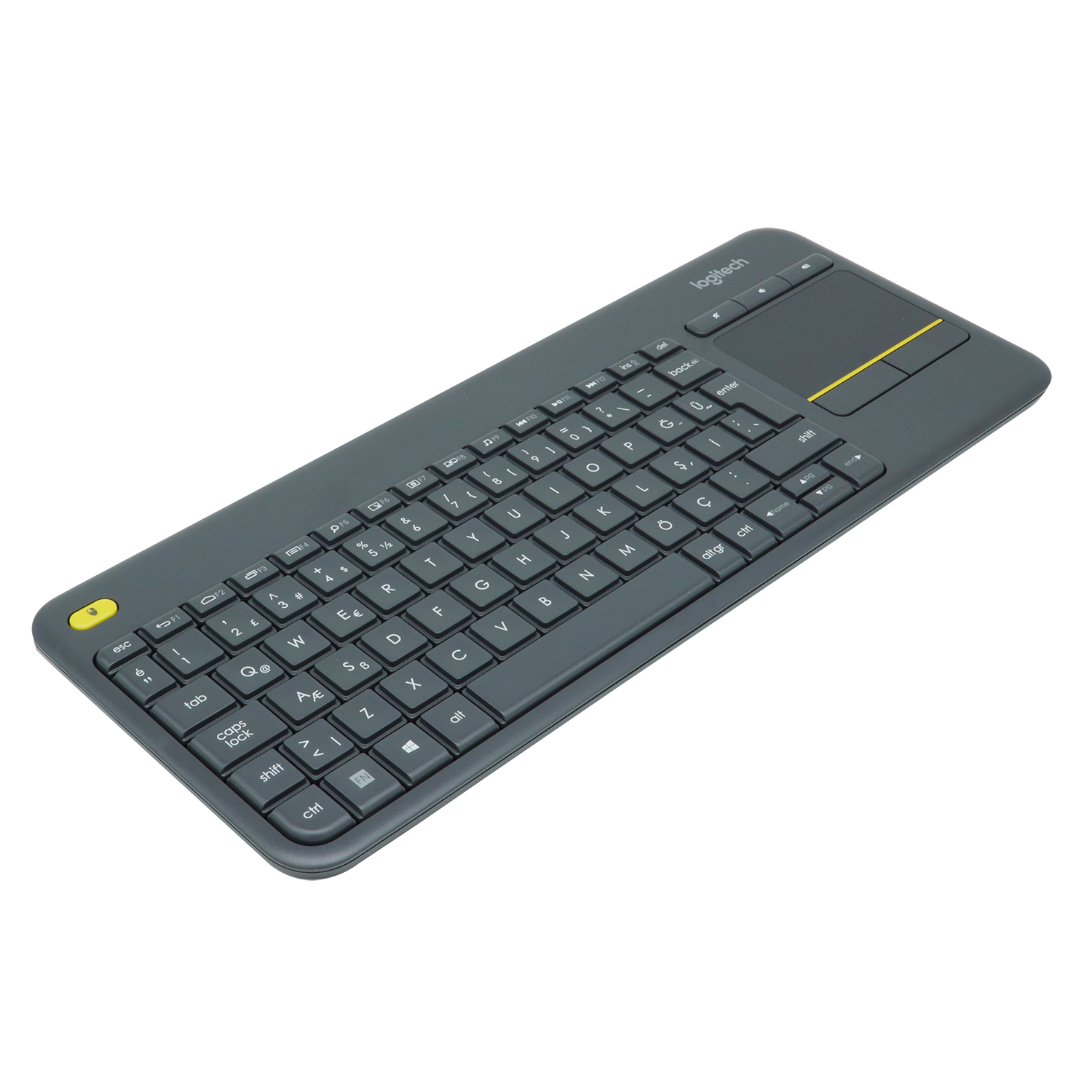 Koyu gri Logitech klavye, dokunmatik yüzey ve sarı vurgularla beyaz arka planda.