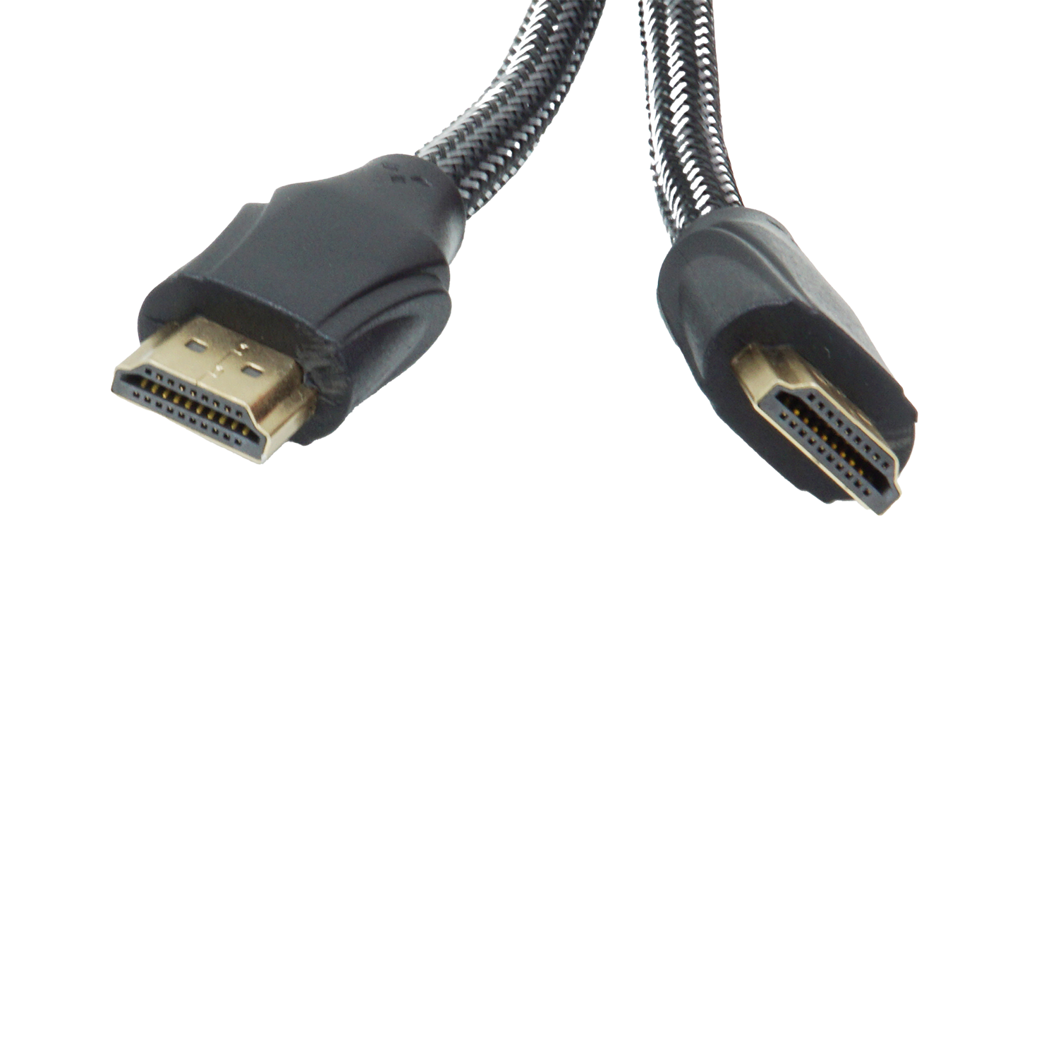 Beyaz arka plan üzerinde siyah ve gümüş kablolu iki HDMI kablo konektörü.