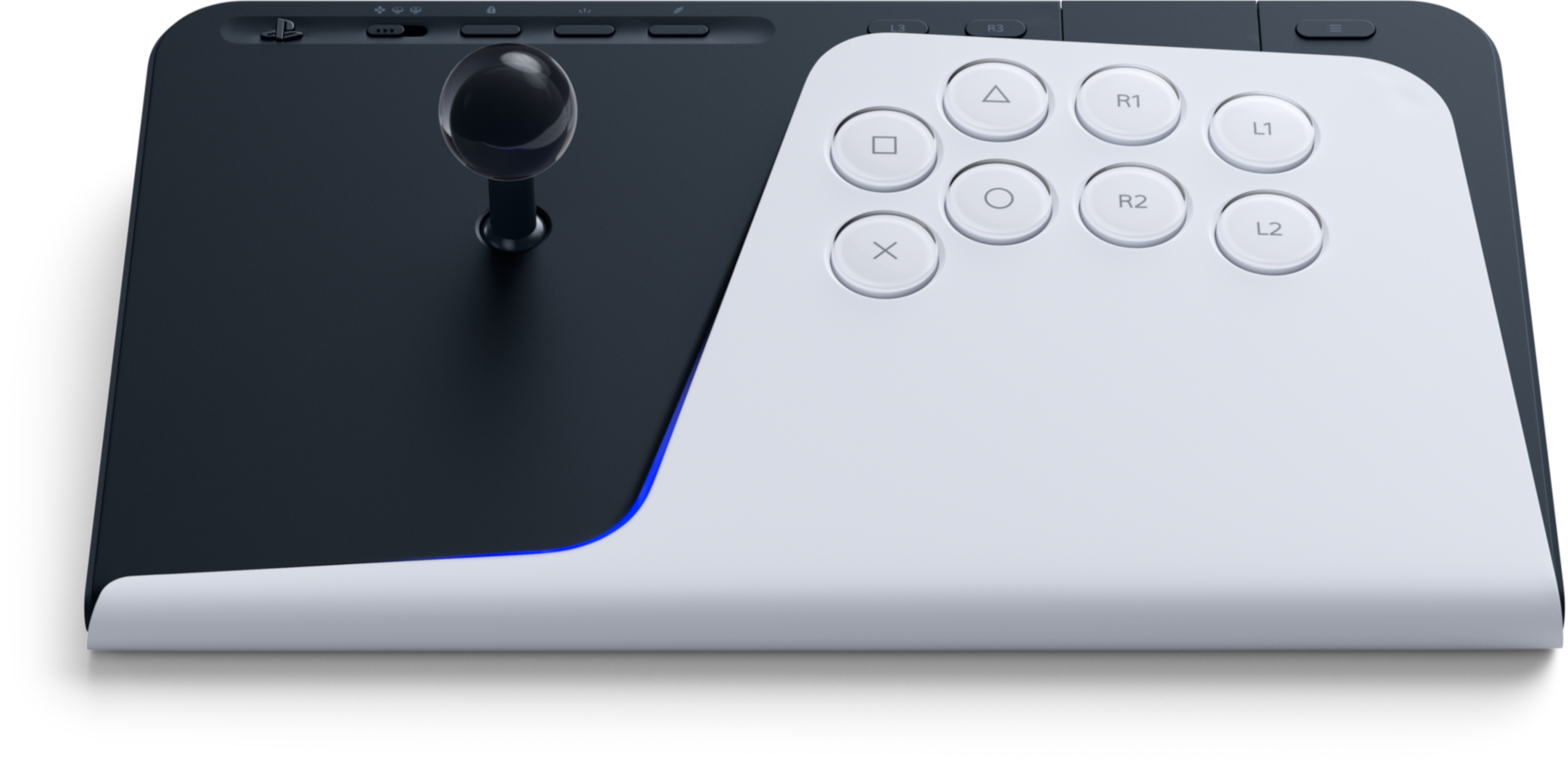 Egy fekete arcade harci bot fehér gombokkal és fekete joystickkel.