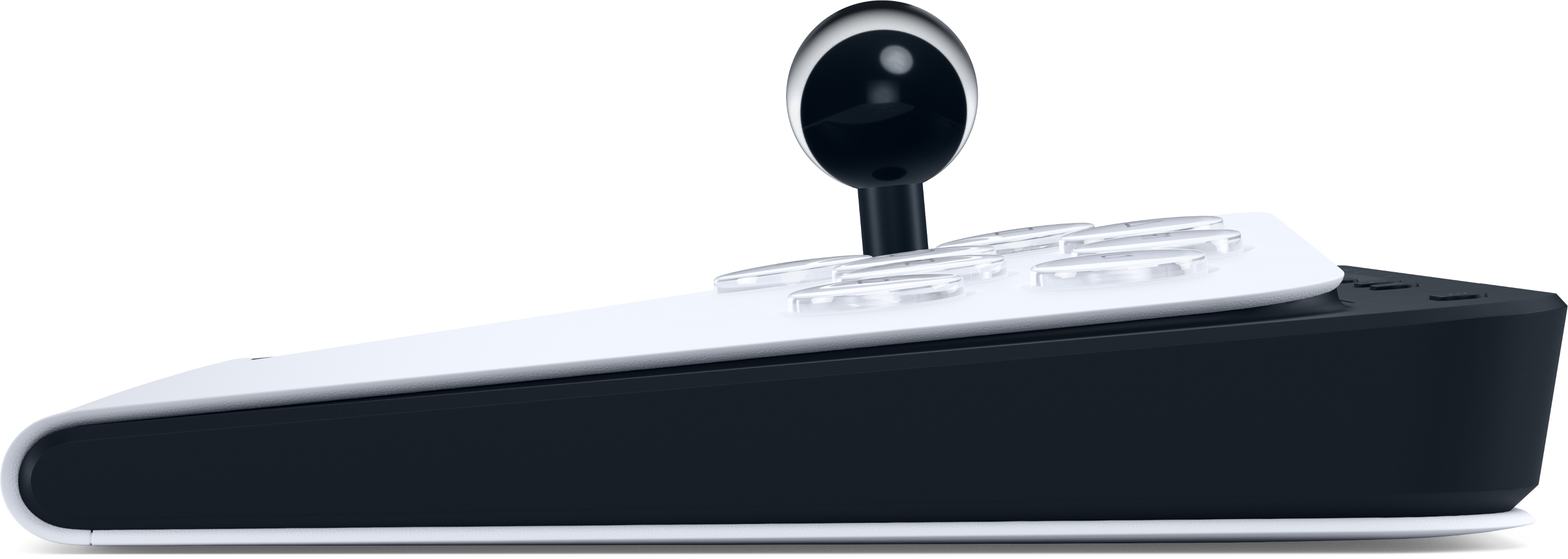 Fehér gamer joystick fekete díszítéssel és átlátszó gombokkal.