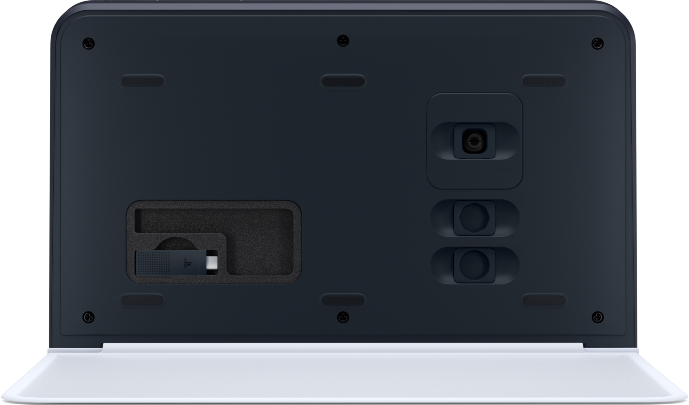 Egy sötét eszköz alsó része USB porttal és két kerek gombbal.