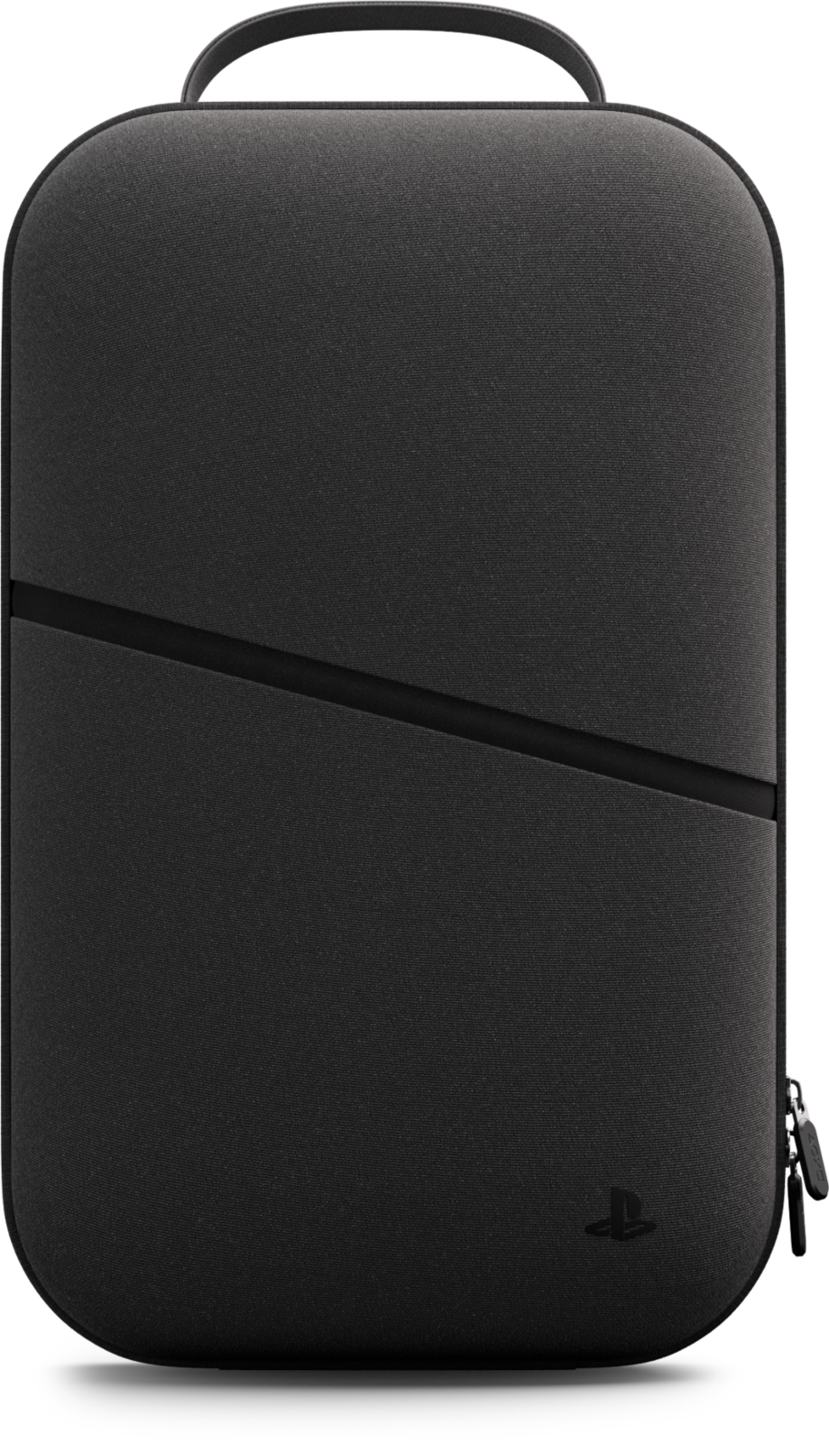 Fekete PlayStation hordtáska, átlós varrattal és oldalsó cipzárral.