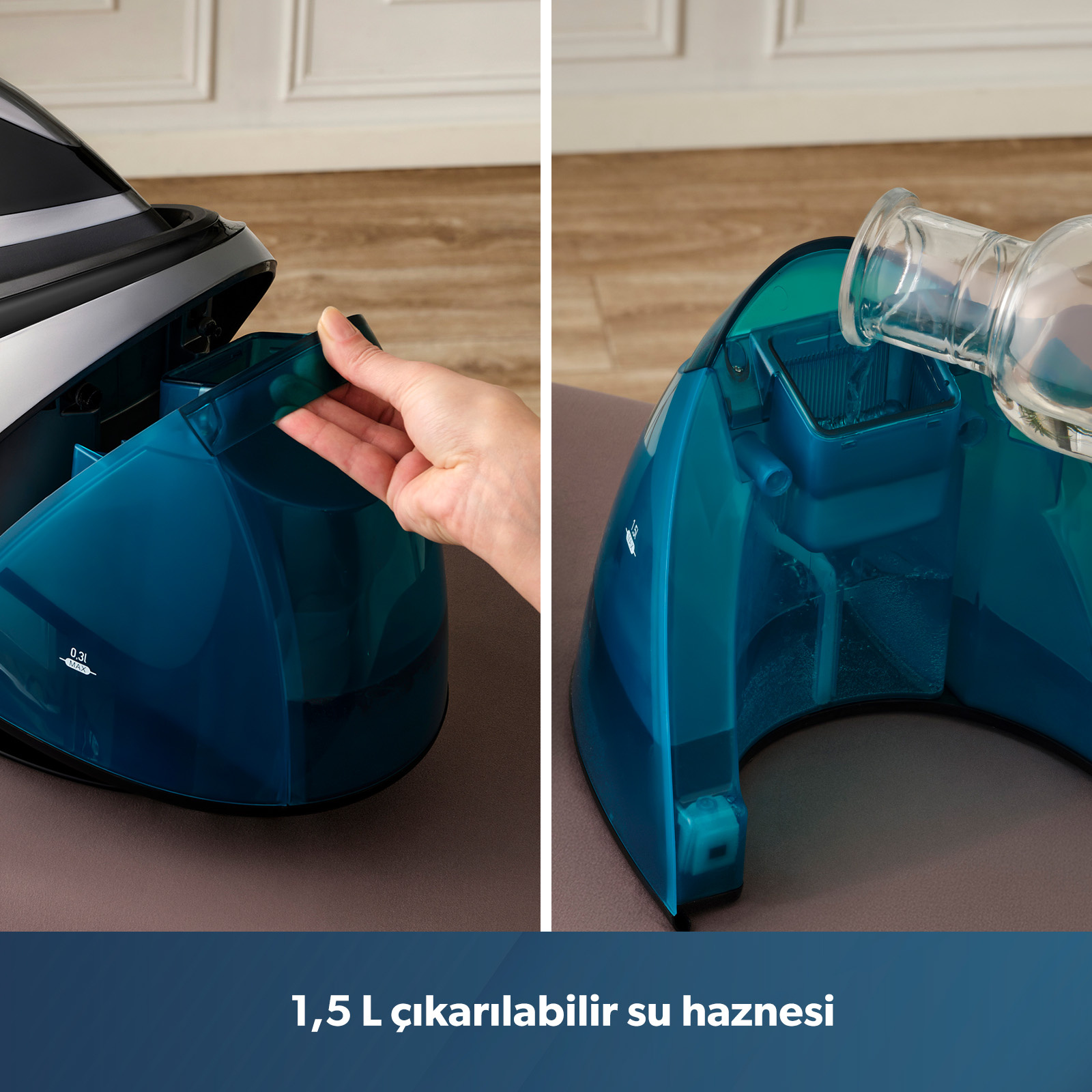 Su haznesi yerleştiriliyor ve dolduruluyor. 1,5l çıkarılabilir su haznesi.