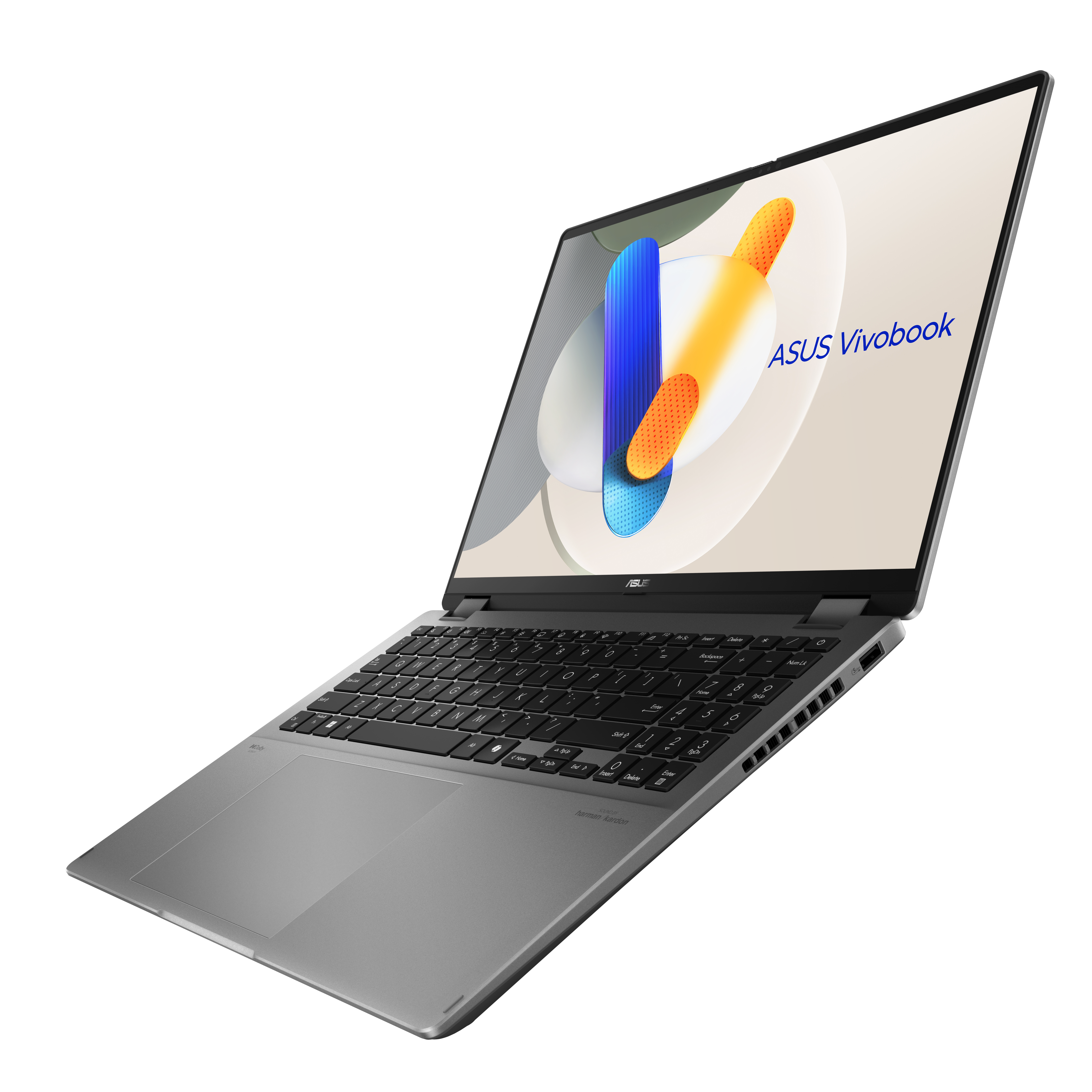 Ein geöffneter silberner ASUS Vivobook Laptop mit Tastatur und Touchpad.