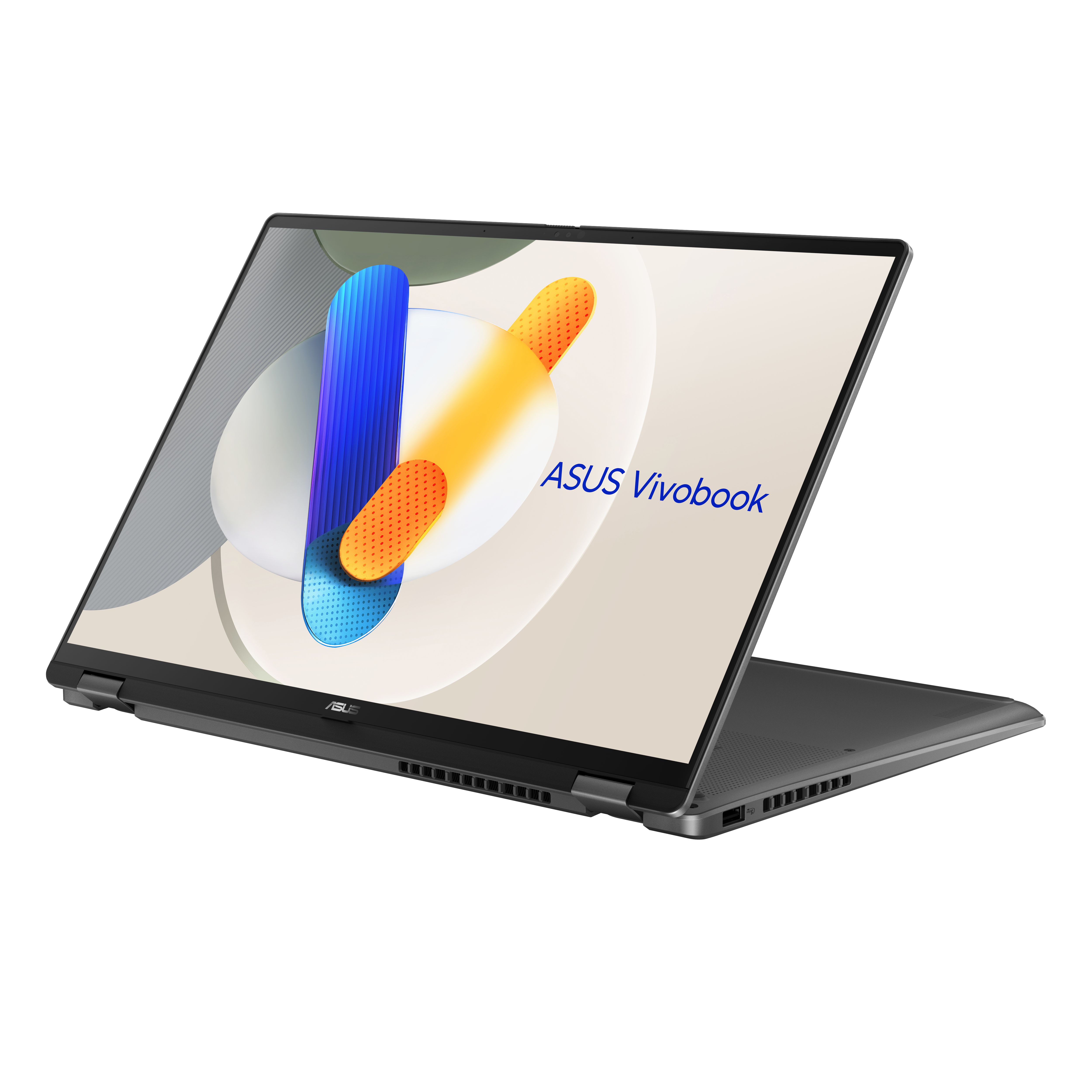 Ein geöffneter grauer Asus Vivobook Laptop mit einem abstrakten Hintergrund auf dem Bildschirm.
